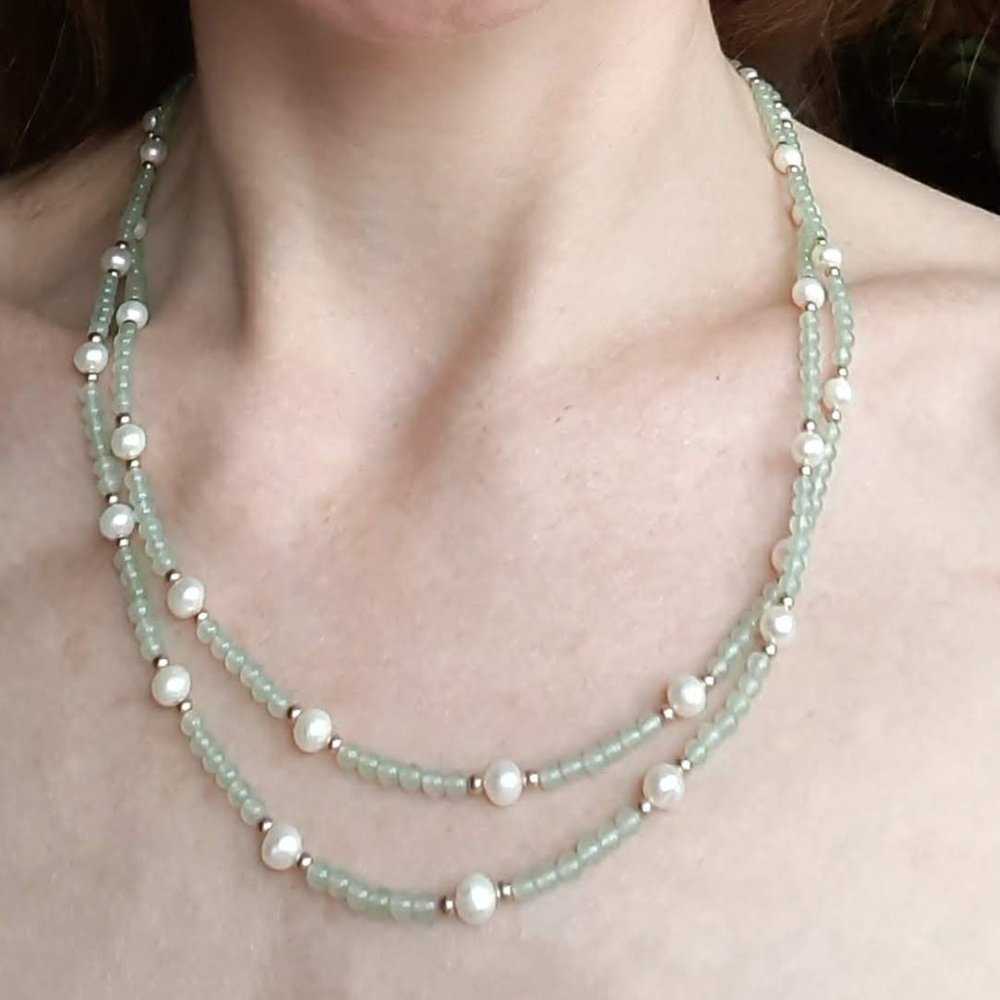 Necklace, jade, pearl, gold-filled spacers & clasp